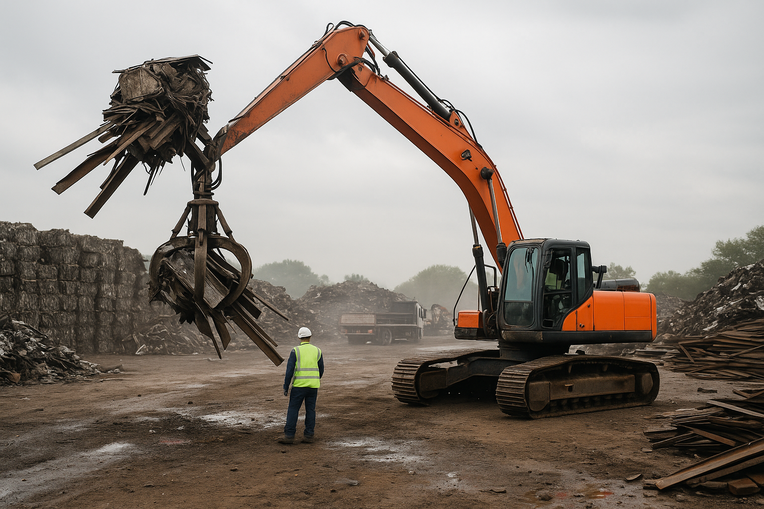 Estabilidade de escavadeira ao usar pinça de grande porte