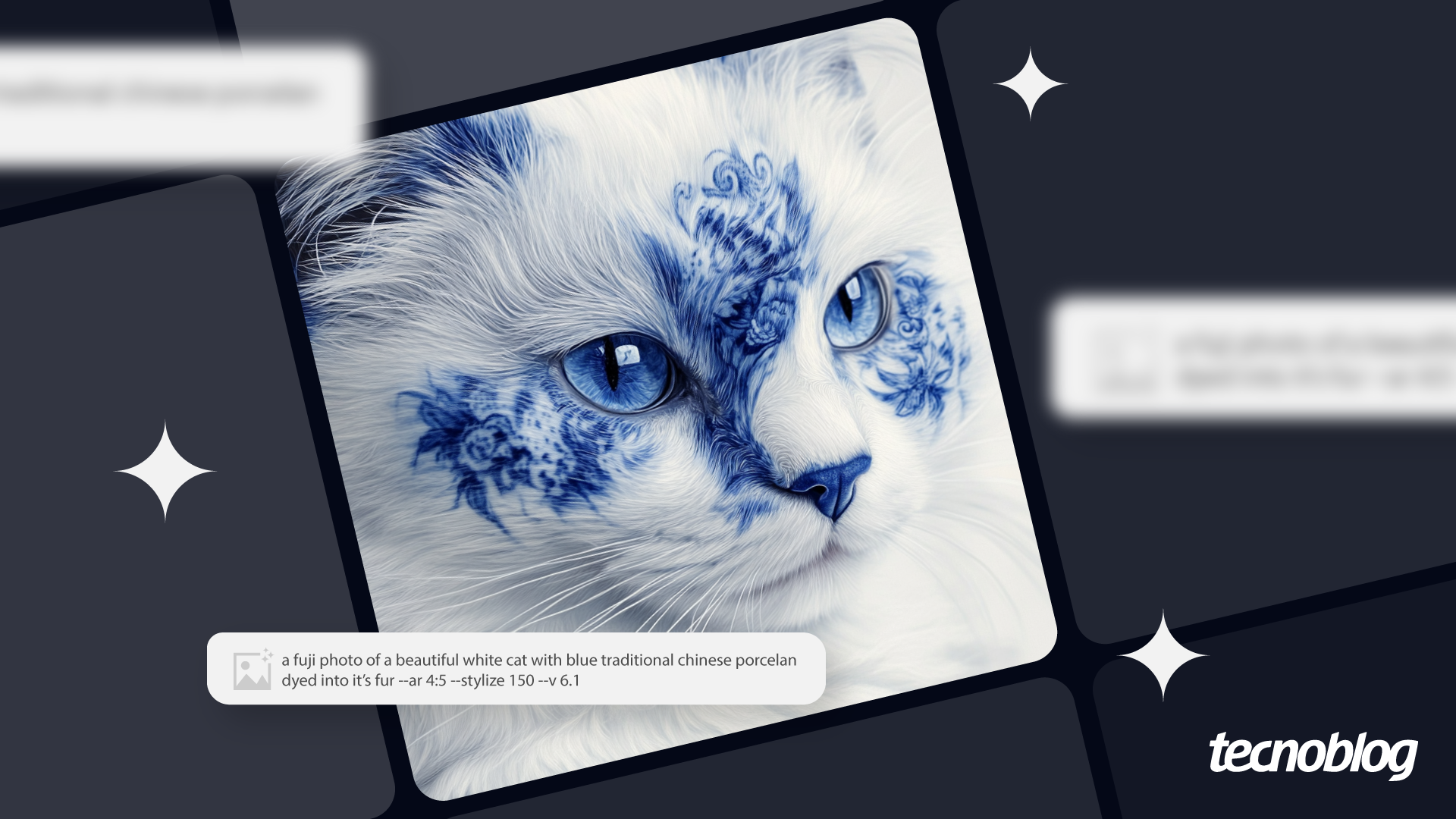 Gato branco com detalhes azuis estilo porcelana chinesa.